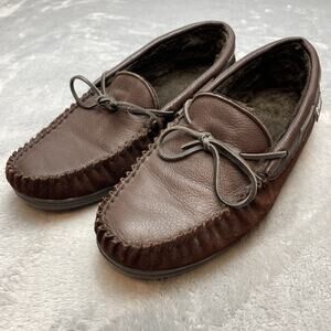 Guide Gear Deerskin Moccasin Slippers Mens 11 Brown Leather Faux Fur Lined Shoes